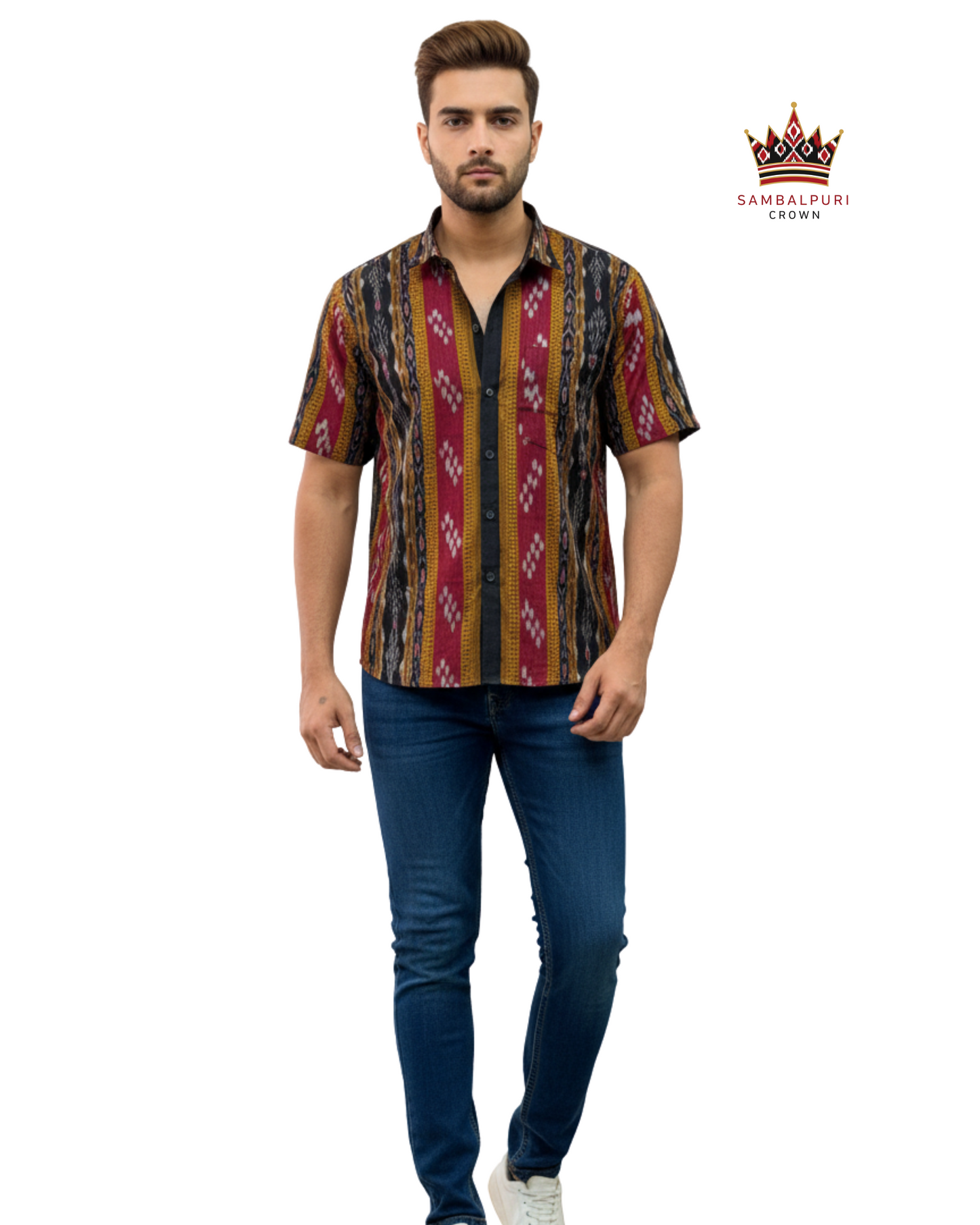 Sambalpuri Crown Multicolor Striped Ikat Handloom Cotton Shirt