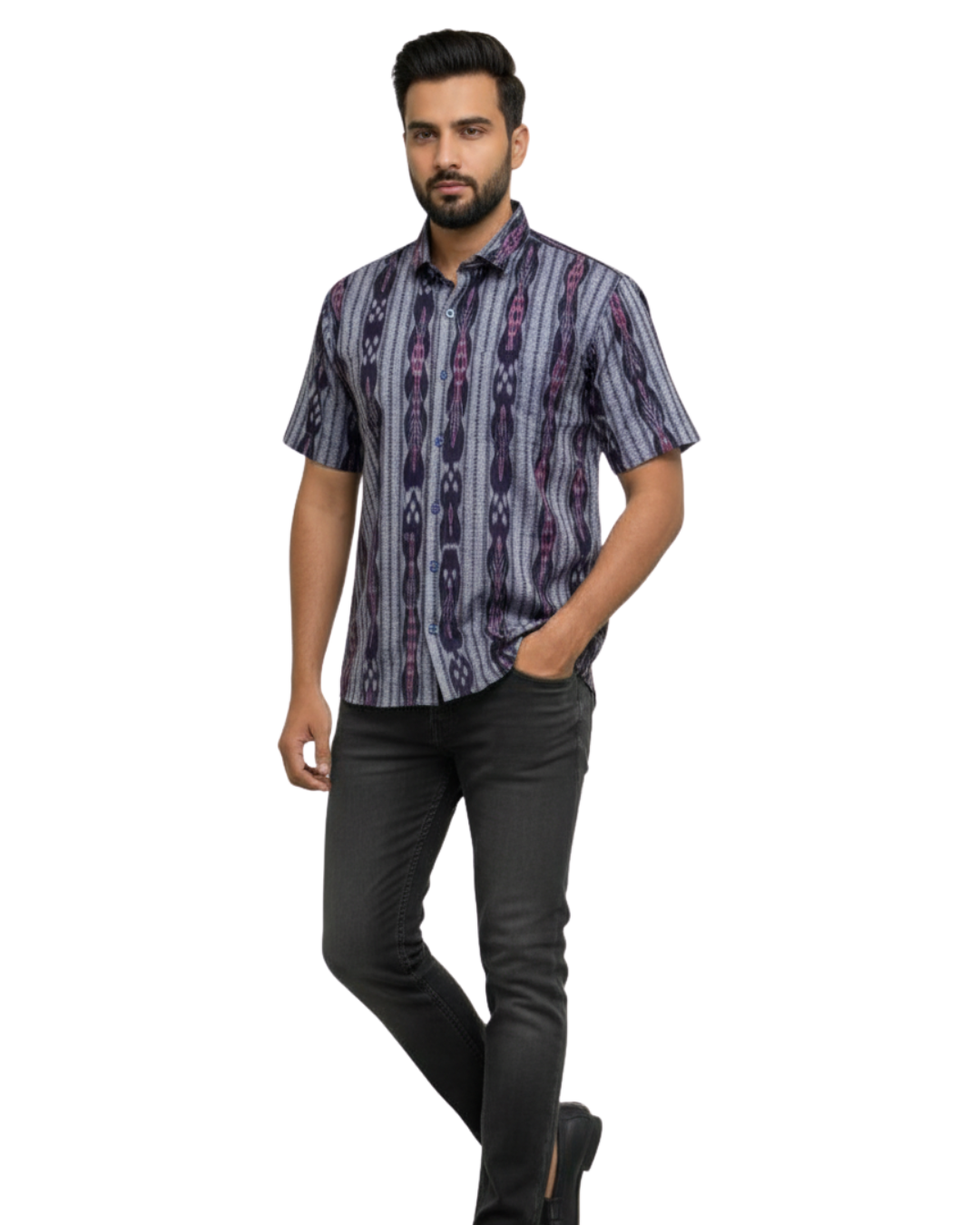 Sambalpuri Crown Grey-Purple Ikat Handloom Cotton Shirt