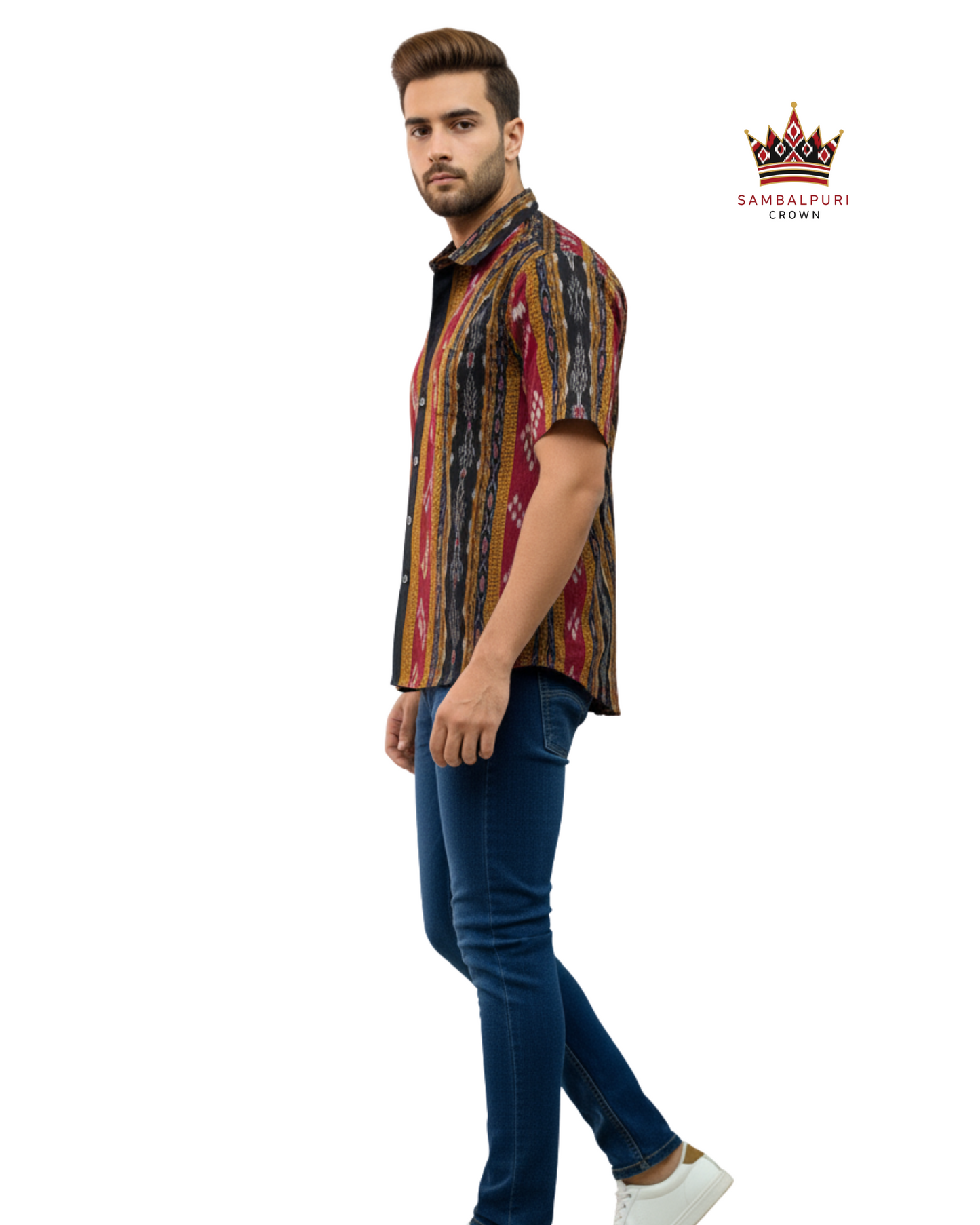 Sambalpuri Crown Multicolor Striped Ikat Handloom Cotton Shirt