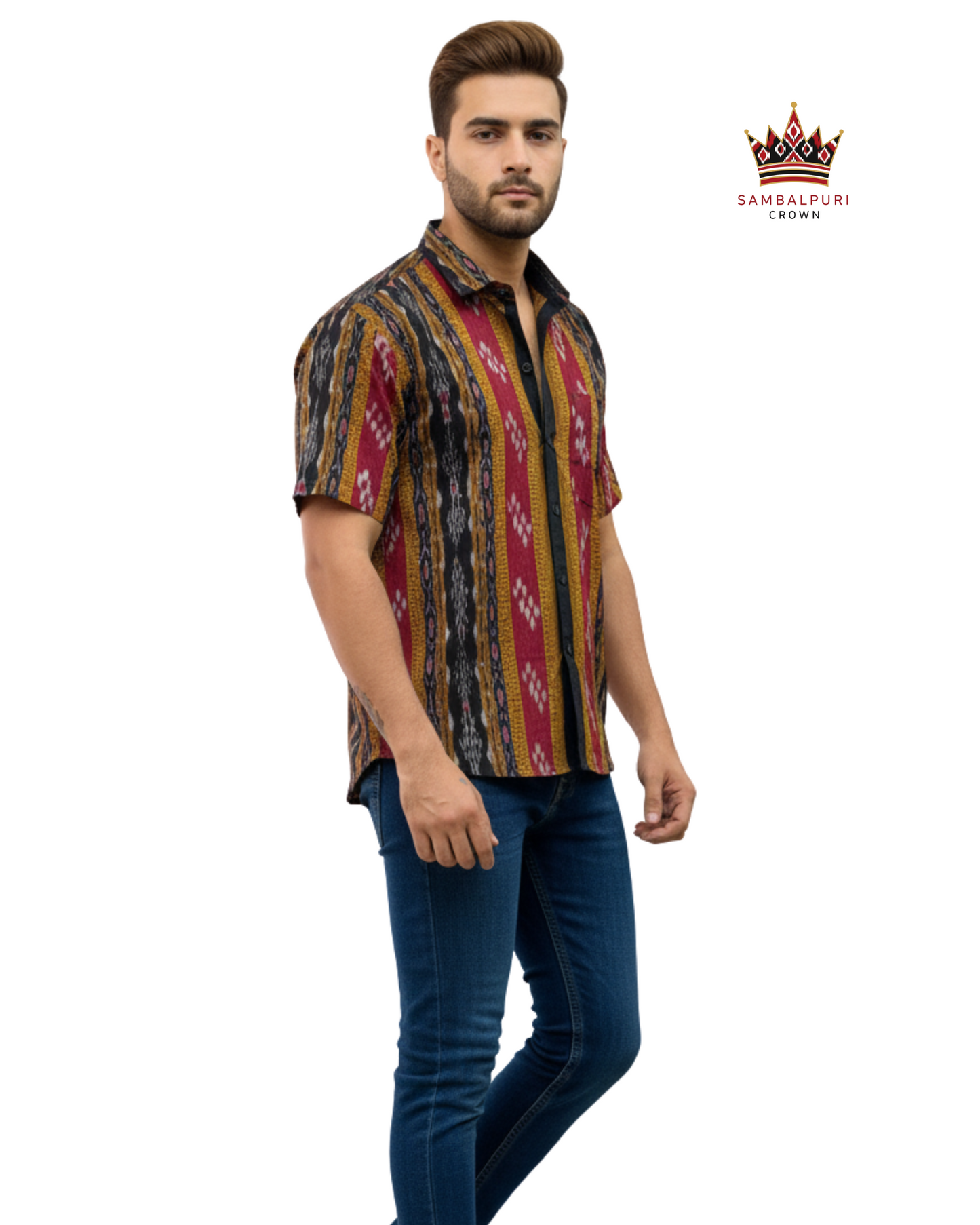 Sambalpuri Crown Multicolor Striped Ikat Handloom Cotton Shirt