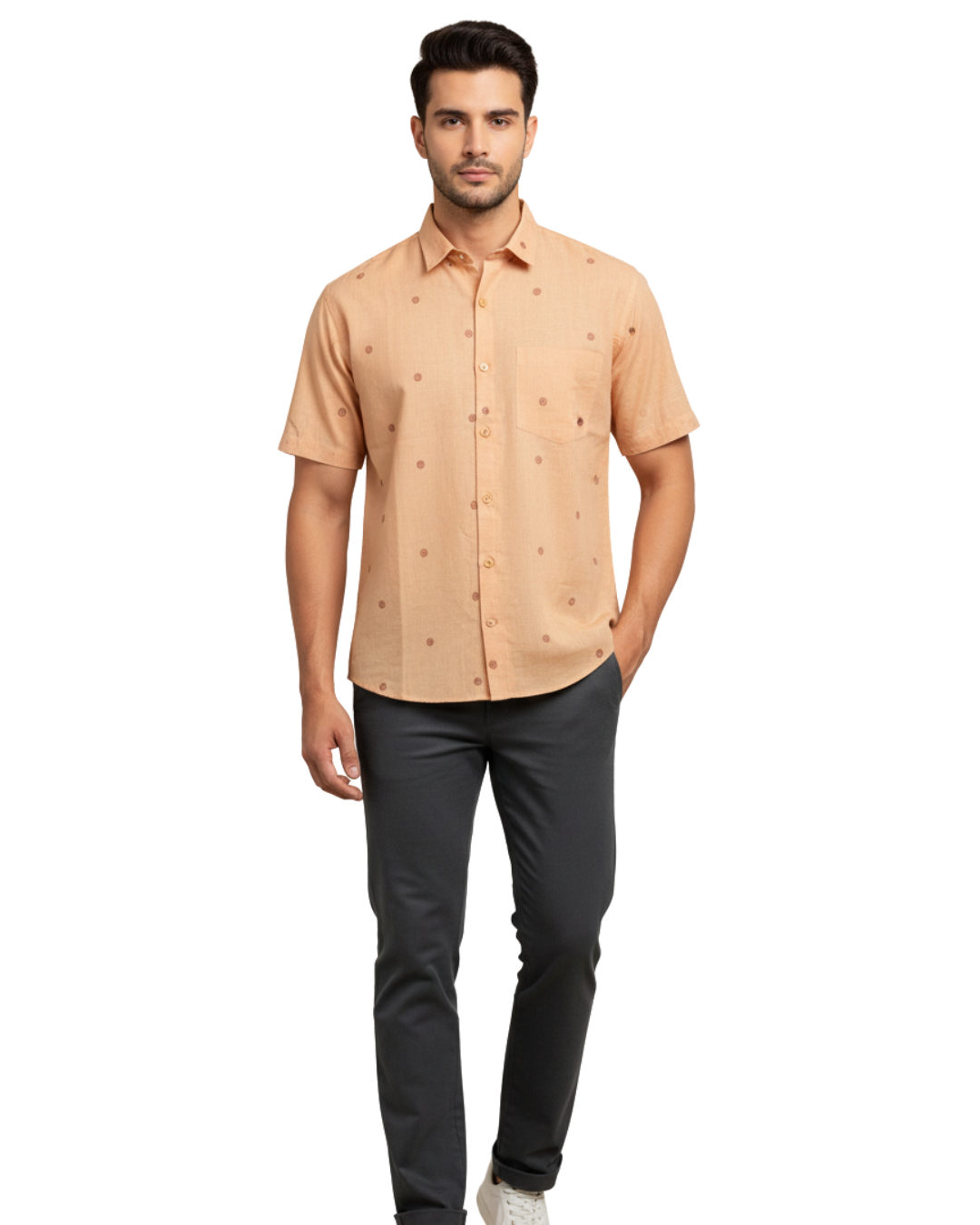 Sambalpuri Crown Peach Handloom Cotton Shirt with Subtle Ikat Dots