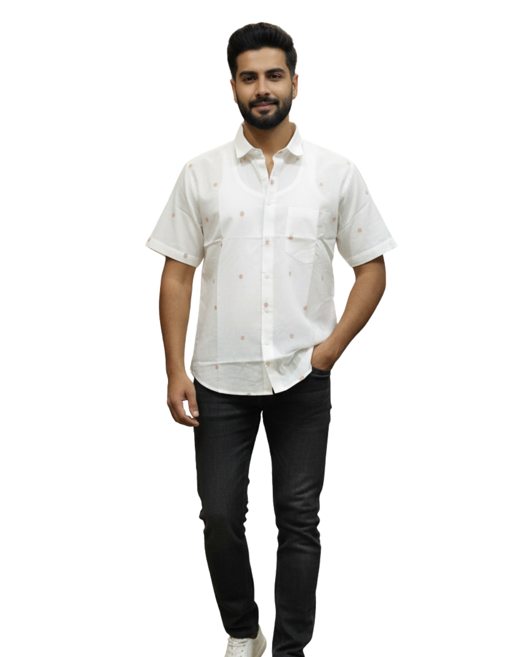 Sambalpuri Crown White Handloom Cotton Shirt with Subtle Ikat Dots